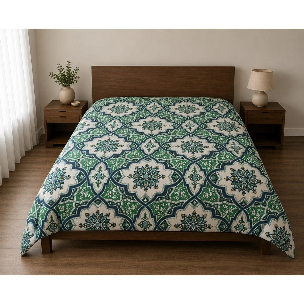 Pottery Barn Full Queen‎ Duvet Cover Organic Cotton Medallion Tile Green Blue